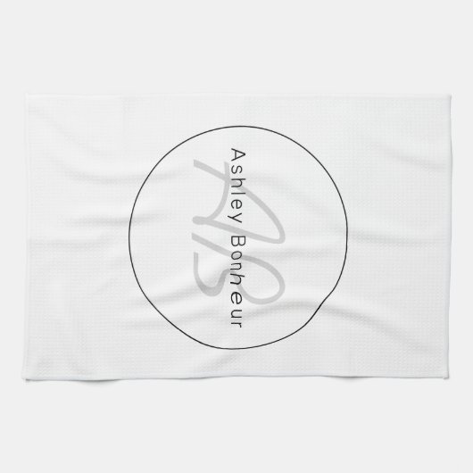 Moderne witte grijs en zwart | Naam kool en monogr Theedoek (Horizontaal)