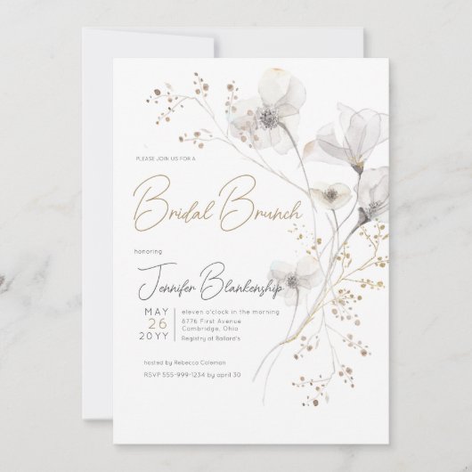 Moderne Witte Grijs & Gouden Bloemen Bruidsbrunch Kaart (Voorkant)