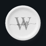 Moderne witte grijze aangepaste monogram naam scri papieren bordje<br><div class="desc">Meisjesachtige moderne eenvoudige elegante witte en grijze monogram initiële naam handtekening script op maat gemaakte gepersonaliseerde papieren borden. Dit ontwerp met je voornaam in een mooie handgeschreven stijl met zwiepende staart lettertypografie (of kalligrafie) met monogram initiaal in zwart en grijs op wit. Deze zijn gemakkelijk aan te passen. Geweldig voor...</div>