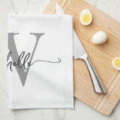 Moderne witte grijze aangepaste monogram naam scri theedoek (Quarter Fold)