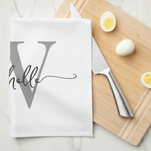 Moderne witte grijze aangepaste monogram naam scri theedoek (Quarter Fold)