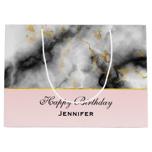 Moderne witte grijze marmer met Gold Ribbon Birthd Groot Cadeauzakje (Voorkant)