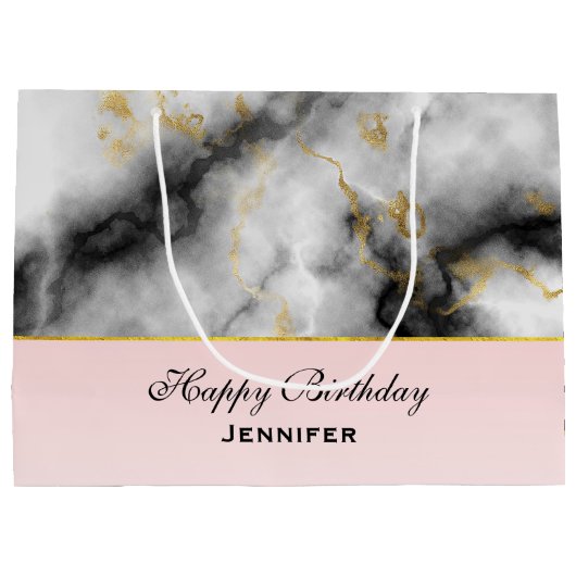 Moderne witte grijze marmer met Gold Ribbon Birthd Groot Cadeauzakje (Achterkant)
