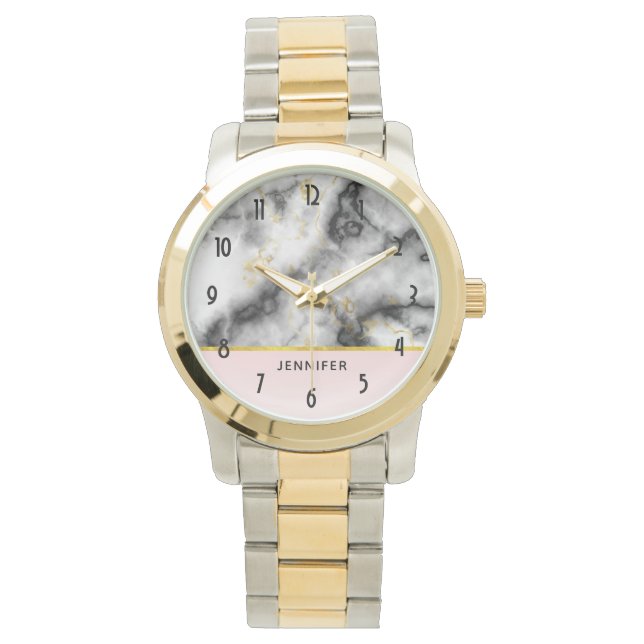 Moderne witte grijze marmer met Gold Ribbon Horloge (Voorkant)