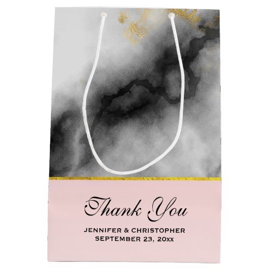 Moderne witte grijze marmer met Gold Ribbon Medium Cadeauzakje (Achterkant)