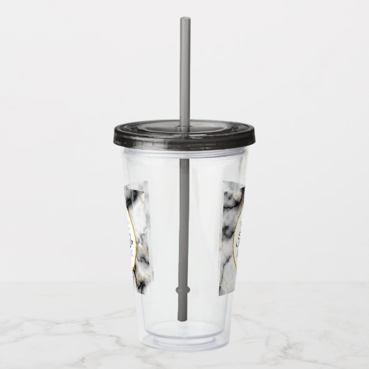 Moderne witte grijze marmer met Gold Ribbon Monogr Acryl Drinkbeker (Rechts)