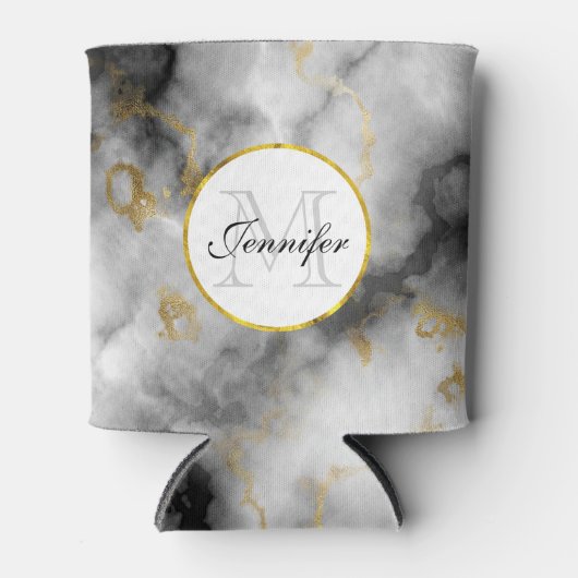 Moderne witte grijze marmer met Gold Ribbon Monogr Blikjeskoeler (Voorkant)