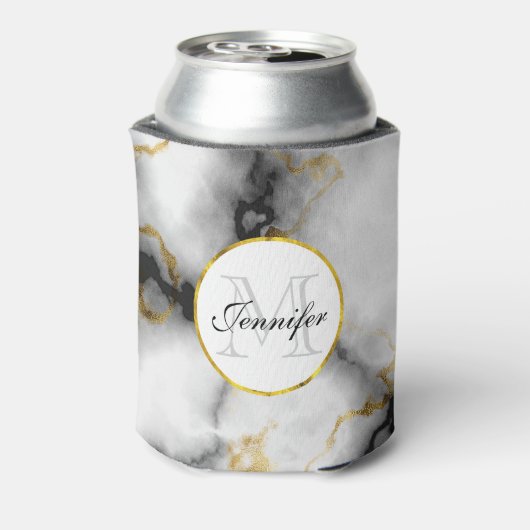 Moderne witte grijze marmer met Gold Ribbon Monogr Blikjeskoeler (Blikje Achterkant)