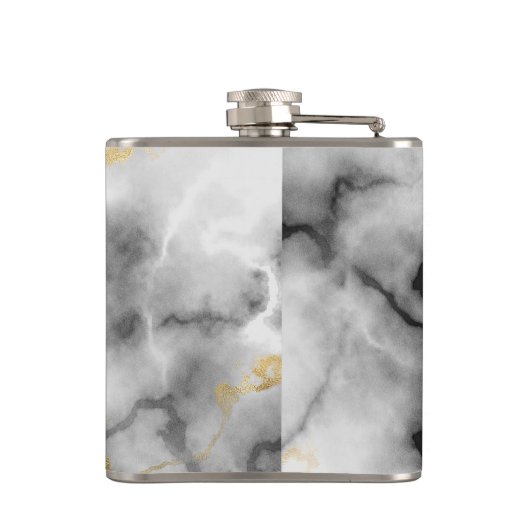 Moderne witte grijze marmer met Gold Ribbon Monogr Heupfles (Achterkant)