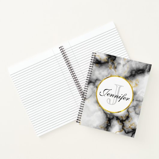 Moderne witte grijze marmer met Gold Ribbon Monogr Notitieboek (Binnen)