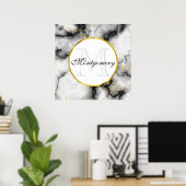 Moderne witte grijze marmer met Gold Ribbon Monogr Poster (Thuiskantoor)