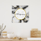 Moderne witte grijze marmer met Gold Ribbon Monogr Poster (Keuken)