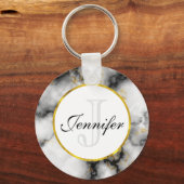 Moderne witte grijze marmer met Gold Ribbon Monogr Sleutelhanger (Voorkant)