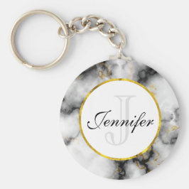 Moderne witte grijze marmer met Gold Ribbon Monogr Sleutelhanger