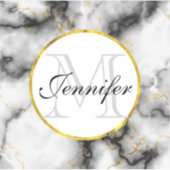 Moderne witte grijze marmer met Gold Ribbon Monogr Sticker (Voorkant)