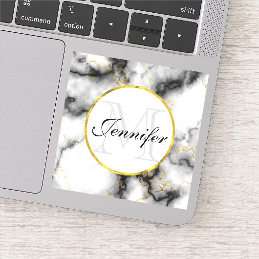 Moderne witte grijze marmer met Gold Ribbon Monogr Sticker (Detail)