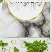 Moderne witte grijze marmer met Gold Ribbon Monogr Theedoek (Gevouwen)