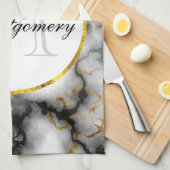 Moderne witte grijze marmer met Gold Ribbon Monogr Theedoek (Quarter Fold)