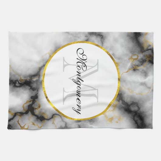 Moderne witte grijze marmer met Gold Ribbon Monogr Theedoek (Horizontaal)