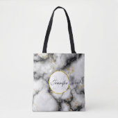 Moderne witte grijze marmer met Gold Ribbon Monogr Tote Bag (Voorkant)