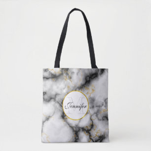 Moderne witte grijze marmer met Gold Ribbon Monogr Tote Bag