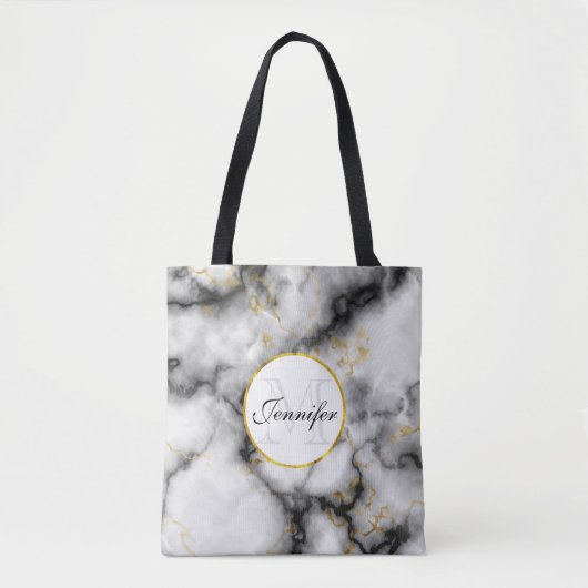 Moderne witte grijze marmer met Gold Ribbon Monogr Tote Bag (Voorkant)