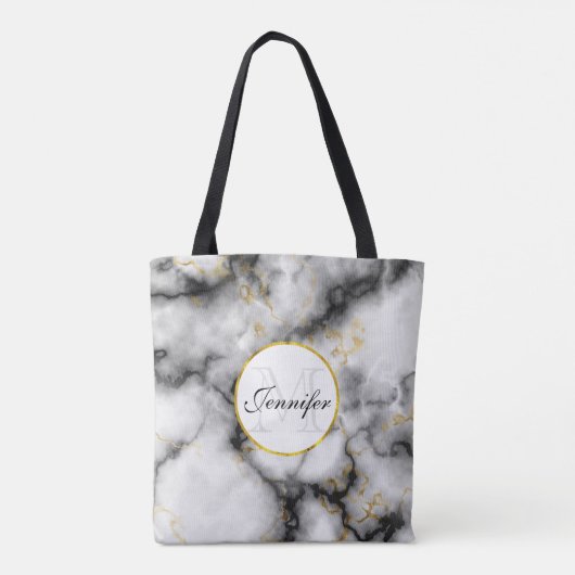Moderne witte grijze marmer met Gold Ribbon Monogr Tote Bag (Achterkant)
