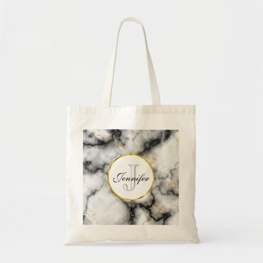 Moderne witte grijze marmer met Gold Ribbon Monogr Tote Bag (Voorkant)