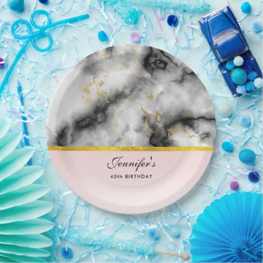 Moderne witte grijze marmer met Gold Ribbon Papieren Bordje (Feest)