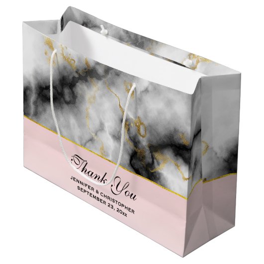 Moderne witte grijze marmer met Gold Ribbon Weddin Groot Cadeauzakje (Voorkant Gekanteld)