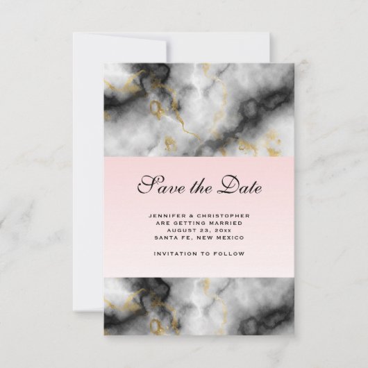 Moderne witte grijze marmer met Gold Ribbon Weddin Save The Date (Voorkant)