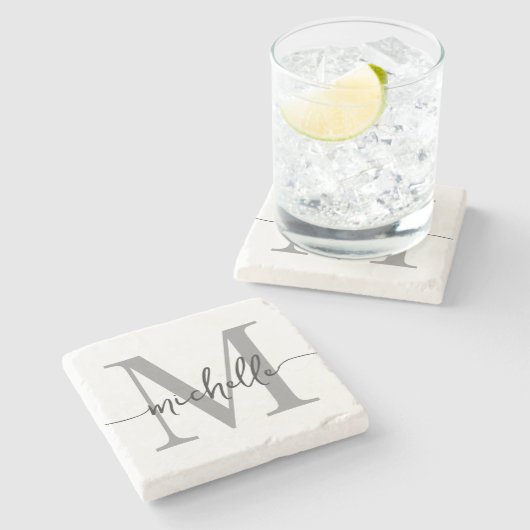 Moderne witte grijze monogramnaam elegante scriptl stenen onderzetter (Zijkant)