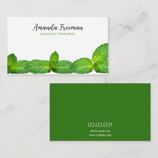 Moderne Witte & Groene Munt Bladeren Massage Thera Visitekaartje (Voorkant / Achterkant)