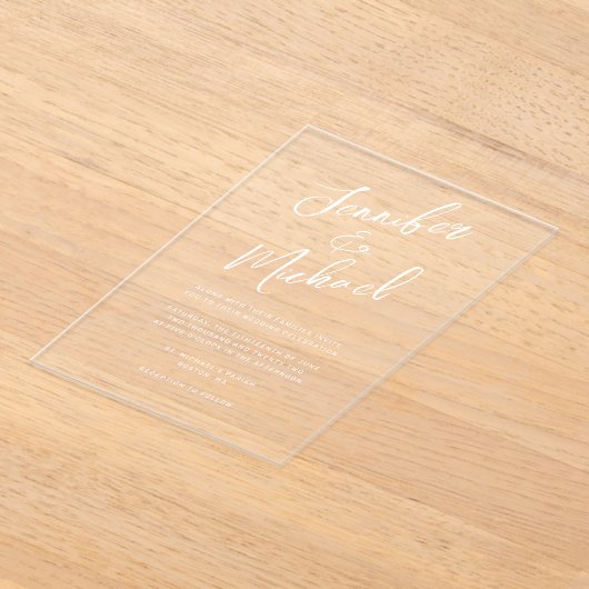 Moderne Witte Hand Geletterde Script Wedding Acryl Uitnodigingen (Laagn)
