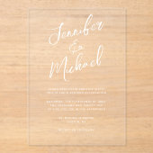 Moderne Witte Hand Geletterde Script Wedding Acryl Uitnodigingen (Voorkant)