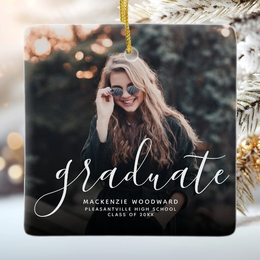 Moderne witte handgeschreven foto afstuderen keramisch ornament