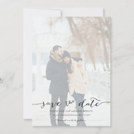 Moderne, witte, handgeschreven foto save the date (Achterkant)