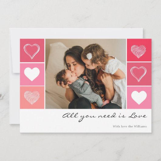 Moderne witte harten rode en roze foto-Valentijn Feestdagenkaart (Voorkant)