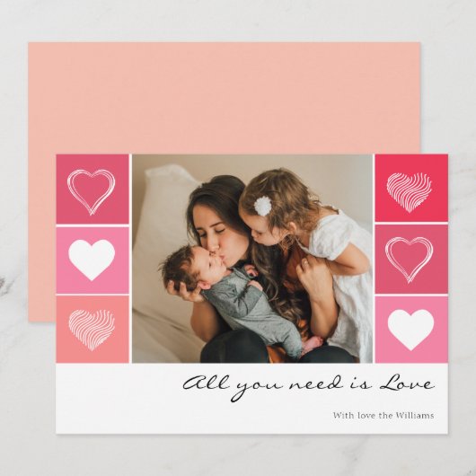 Moderne witte harten rode en roze foto-Valentijn Feestdagenkaart (Voorkant / Achterkant)