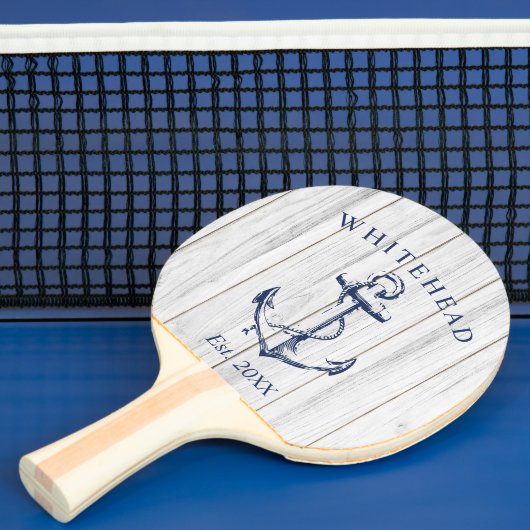 Moderne Witte Houten Anker Monogram Navy Tafeltennisbatje (Insitu)
