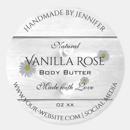 Moderne witte houtkorrels Etiket Daisy Flower (Voorkant)