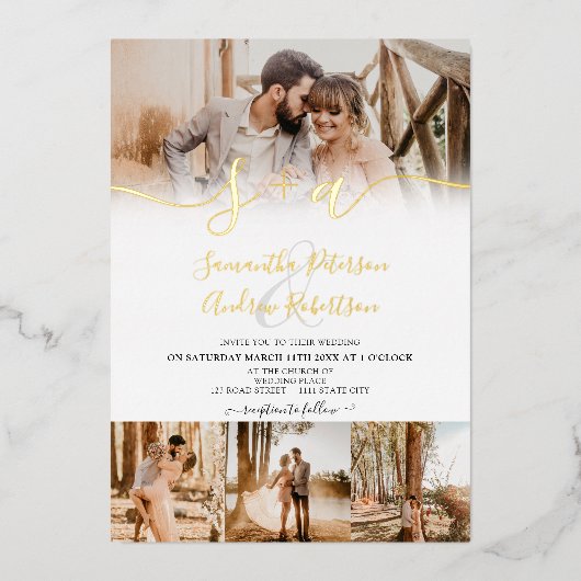 Moderne witte initialen script 5 foto's bruiloft folie uitnodiging (Voorkant)