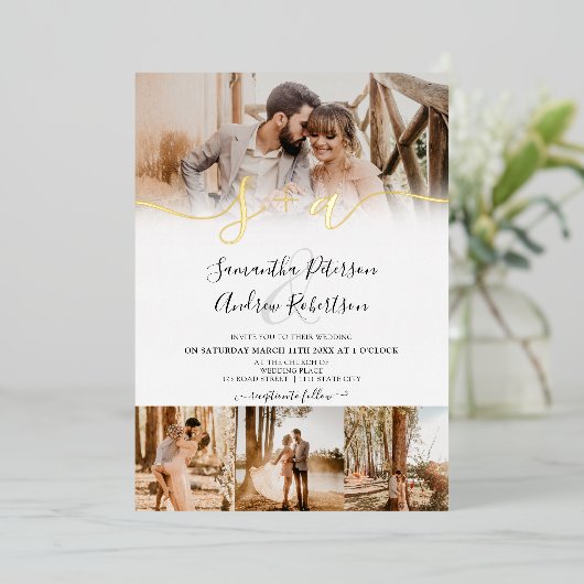 Moderne witte initialen script 5 foto's bruiloft folie uitnodiging (Staand Voorkant)