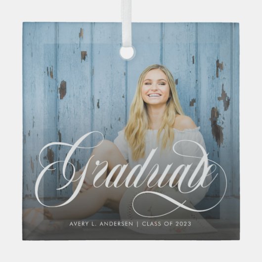 Moderne witte kalligrafie Foto Afstuderen Glas Ornament (Voorkant)