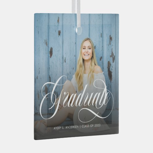 Moderne witte kalligrafie Foto Afstuderen Glas Ornament (Voorkant Rechts)