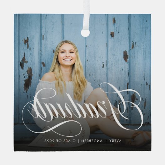 Moderne witte kalligrafie Foto Afstuderen Glas Ornament (Achterkant)