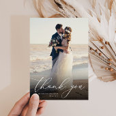Moderne witte kalligrafie foto bruiloft bedankkaart
