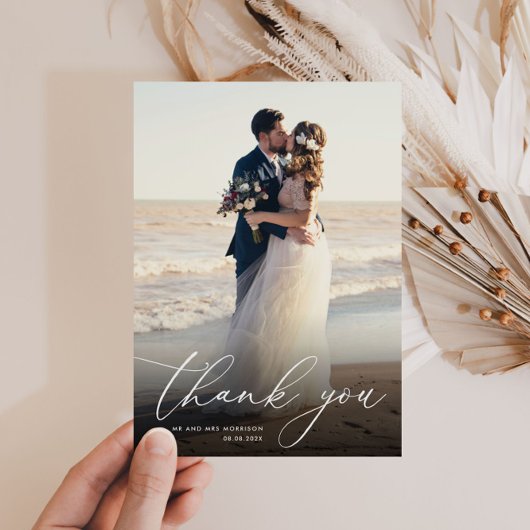Moderne witte kalligrafie foto bruiloft bedankkaart
