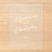Moderne witte kalligrafie script heldere trouw acryl uitnodigingen (Voorkant)