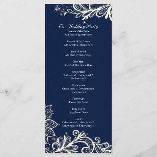 Moderne witte kant marine blauwe bruiloft programm programmakaart (Achterkant)